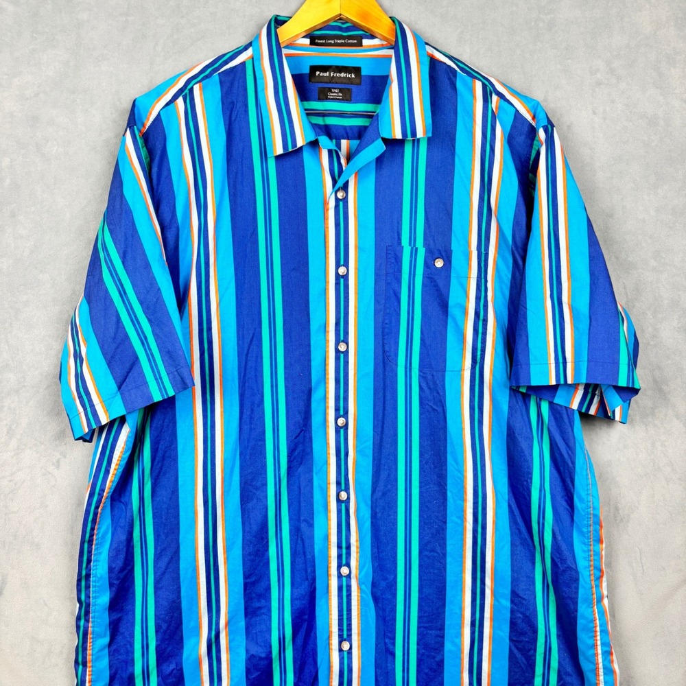 Paul Fredrick Mens XXLT Blue Stripe Short Sleeve Cotton Button Down Shirt